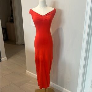 Aritzia Vibrant Red Off-Shoulder Maxi Dress